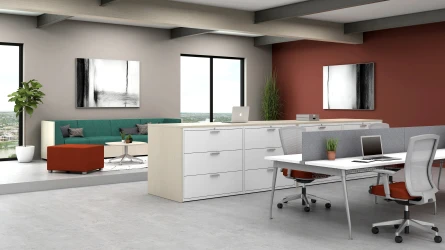 L Series Laminate Wrapped Lateral Files with Oxygen and LB Lounge