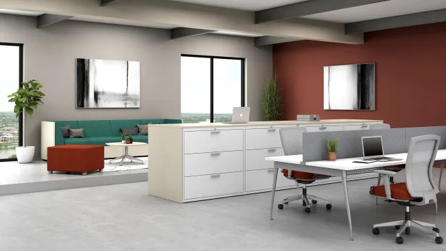 L Series Laminate Wrapped Lateral Files with Oxygen and LB Lounge