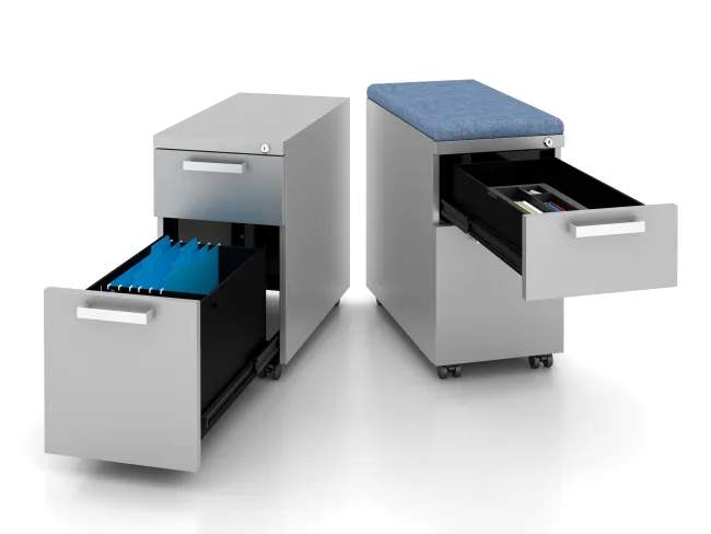 L Series Steel Storage 12” Pedestal with  and without cushion, drawers open