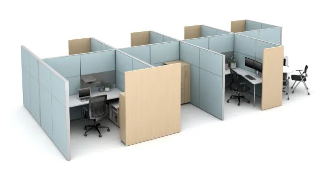 Matrix seven workstation pack with meeting area, 16” Fabrics Stacks and Gallery panels for added privacy