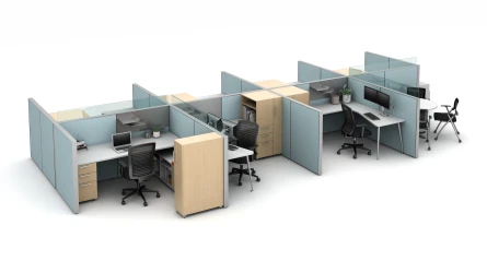 Matrix seven workstation pack with meeting area, upmount glass around the managers office and meeting space