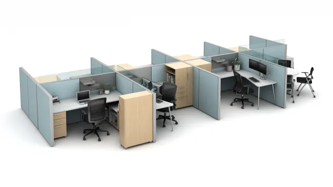 Matrix seven workstation pack with meeting area, upmount glass around the managers office and meeting space