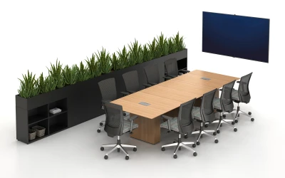 Calibrate Conferencing with integrated power and data, 3 bases, Planters, and Upton Seating