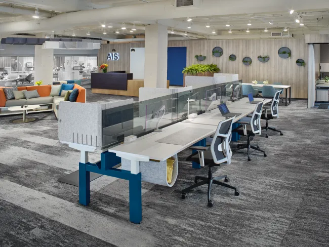 NeoCon 2023 Encounter PowerBench with H-Leg and Chelsea Task Seating