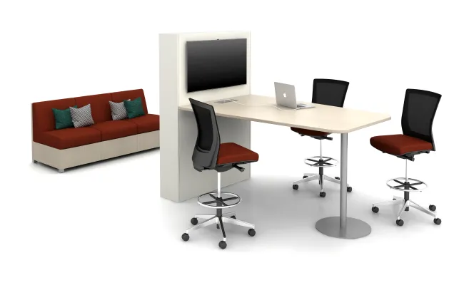 Day-to-Day Collaborative Tables with Key-top mounted on Tower Base; shown with LB Lounge, Upton Stool