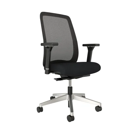 Bolton High Back with aluminum base, black solid mesh, 4D Arms and standard black fabric seat, front left view
