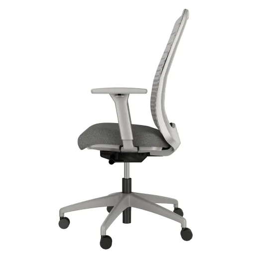 Bolton High Back, with grey base, grey graduated/striped mesh, and standard grey fabric seat, Side View