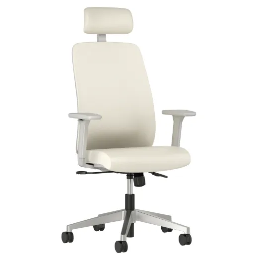 Bolton High Back with Aluminum Base, Headrest, Lumbar, 3D Arms, Fully Upholstered in Wellesley Snow Polyurethane, 3/4 View