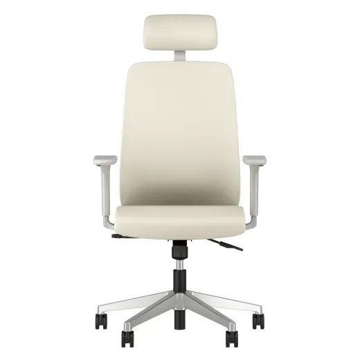 Bolton High Back with Aluminum Base, Headrest, Lumbar, 3D Arms, Fully Upholstered in Wellesley Snow Polyurethane, Front View