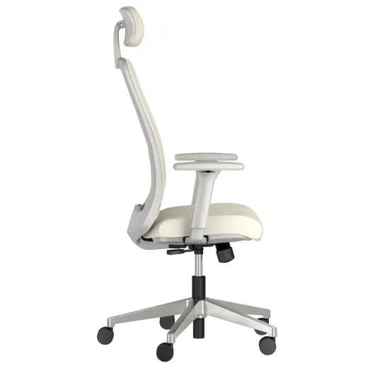  Bolton High Back with Aluminum Base, Headrest, Lumbar, 3D Arms, Fully Upholstered in Wellesley Snow Polyurethane, Side View