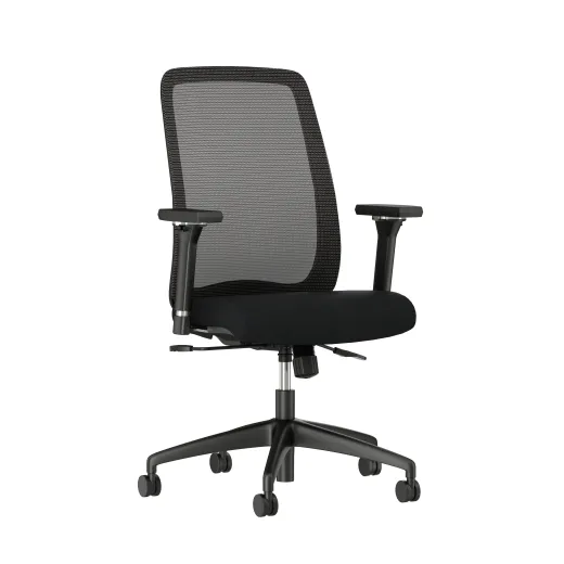 Bolton Highback with black solid base, black mesh, 4D arms with Standard black fabric, front left view