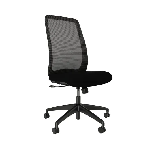 Bolton High Back, Armless, Black Base, Black Solid Mesh, standard black fabric seat, front left copy