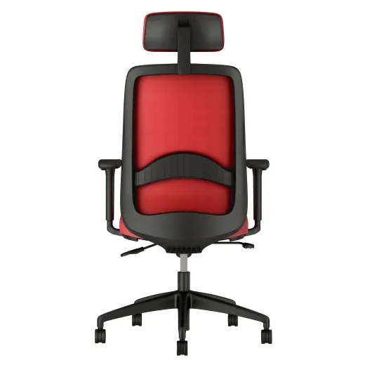 Bolton High Back with Black Base, Headrest, Lumbar, 3D Arms, Fully Upholstered in Wellesley Lipstick Polyurethane, Back View