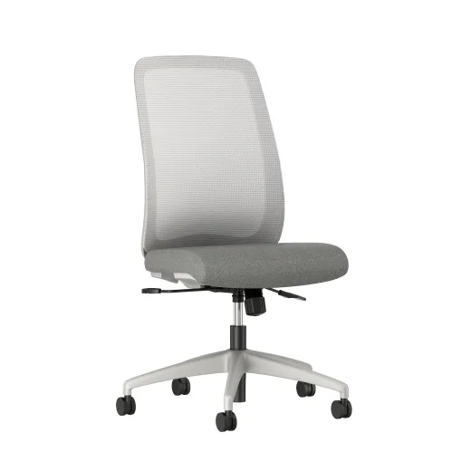 Bolton High back armless with grey base, solid grey mesh, with standard grey fabric seat, front left view
