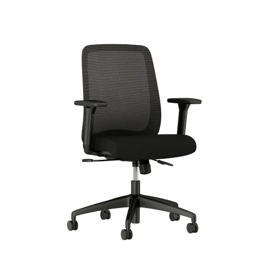 Bolton Mid Back with black base and frame, black mesh and black seat; 3/4 view