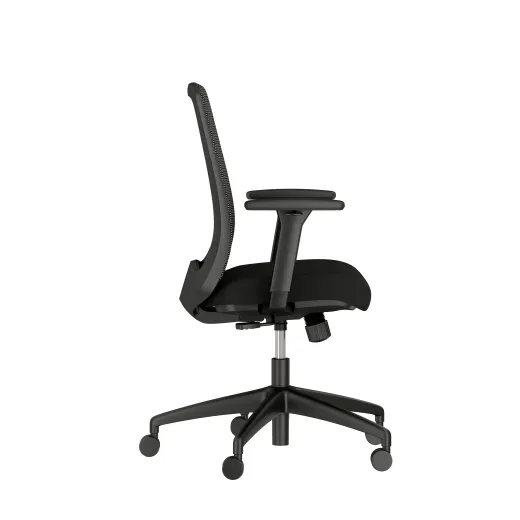 Bolton Mid Back with black base and frame, black mesh and black seat; left side view