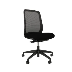 Bolton midback, black base, black solid mesh armless with standard black fabric seat, front left view