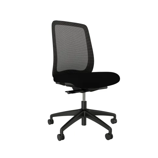 Bolton midback, black base, black solid mesh armless with standard black fabric seat, front left view