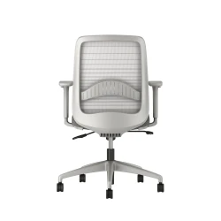 Bolton midback with grey base, grey graduated/striped mesh, with lumbar and standard grey fabric seat, back view