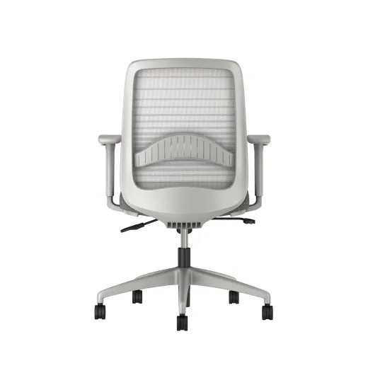 Bolton midback with grey base, grey graduated/striped mesh, with lumbar and standard grey fabric seat, back view