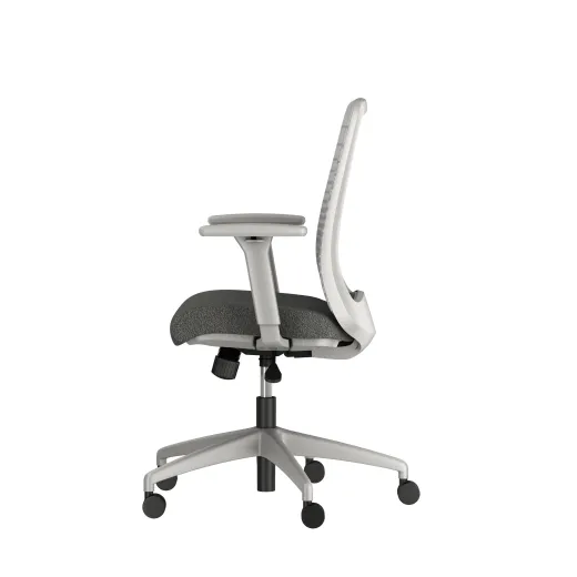 Bolton midback with grey base, grey graduated/striped mesh, and standard grey fabric, left side view