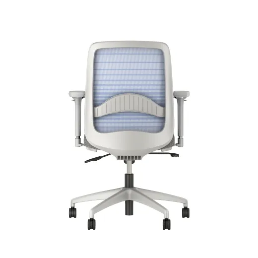 Bolton mid back with gray base and frame, graduated/striped blue mesh with lumbar and standard grey fabric, back view