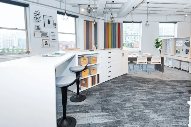 NeoCon 2021 Finishes Center with Calibrate Storage and Rutland Stool