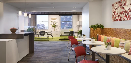 NeoCon 17 Custom Calibrate Cafe with Universal Tables, Pierce Seating and  Enclosed Calibrate Private Office