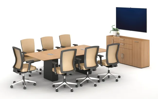 Calibrate Conferencing Two Base Table with Integrated Power.&nbsp; Shown with Calibrate Series Storage