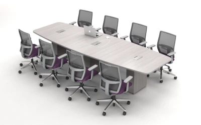 Calibrate Conferencing with Pebble Top, Three Bases and incorporated Power.&nbsp; Shown with Devens Task Seating.