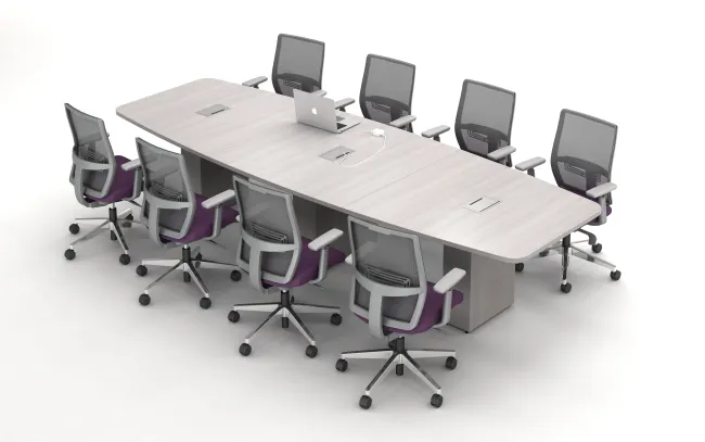 Calibrate Conferencing with Pebble Top, Three Bases and incorporated Power.&nbsp; Shown with Devens Task Seating.