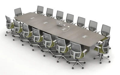 Calibrate Conferencing Four Base Table with Boat Shaped Top and Integrated Power and Data.&nbsp; Shown with Devens Seating