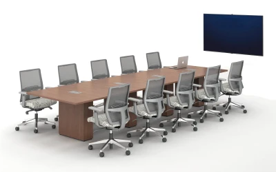 Calibrate Conferencing Four Base Table with Integrated Power.&nbsp; Shown with Devens Task Seating.