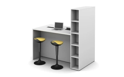 Calibrate Series Flush End Panel Conference Table with open locker incorporated and Rutland Perch Stools