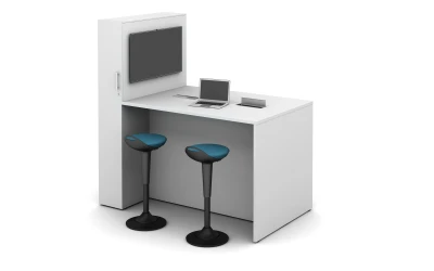 Calibrate Conference Panel End with locker incorporated with standing height power, monitor and Rutland Perch Stools