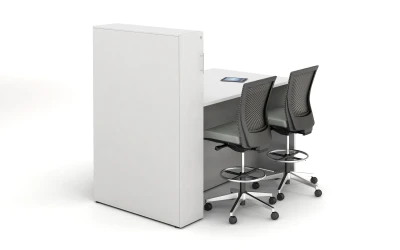 Calibrate Series Flush End Panel Conference Table, Locker incorporated, ideal for monitor mounting, standing height, back view;shown with Upton Stools