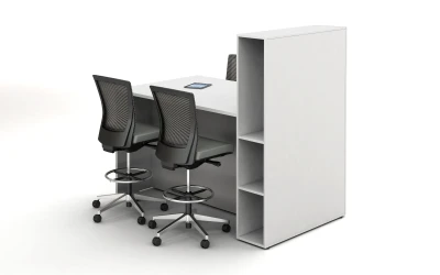 Calibrate Series Flush End Panel Conference Table, Calibrate Locker incorporated, ideal for monitor mounting, standing height, left back view ;shown with Upton Stools