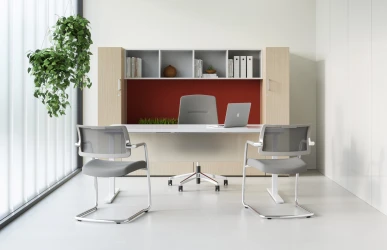 Calibrate Laminate Casegoods with Frosted Glass Modesty, Auburn Executive and Devens Side Seating