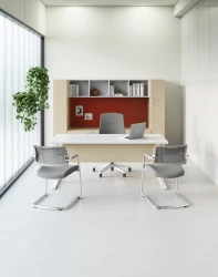 Calibrate Laminate Casegoods including Day-to-Day Height Adjustable Table with Laminate Modesty, Auburn Executive and Devens Side Seating, Vertical View
