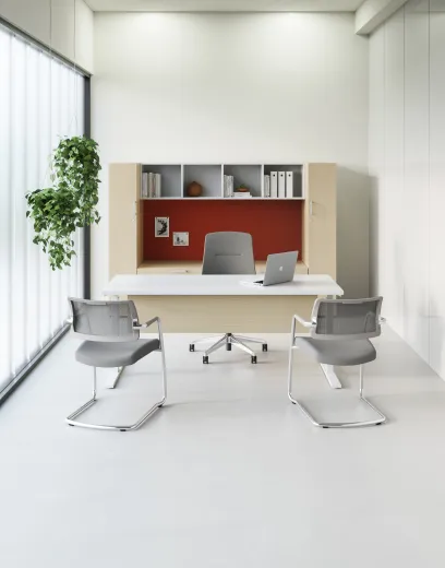 Calibrate Laminate Casegoods including Day-to-Day Height Adjustable Table with Laminate Modesty, Auburn Executive and Devens Side Seating, Vertical View
