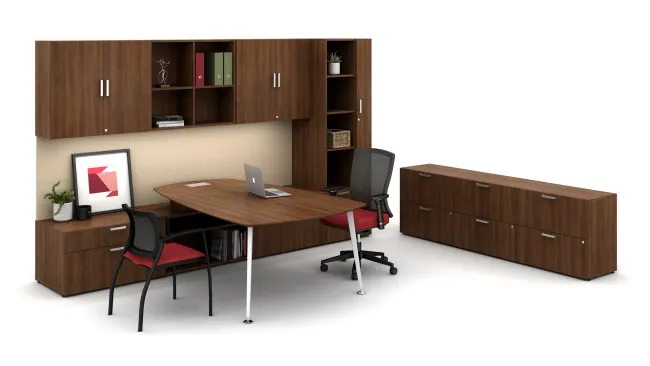 Laminate Spotlight:Dark Rum Cherry on Calibrate Series Casegoods Private Office with Pebble Top Desk, Natick Seating, Grafton Side Seating