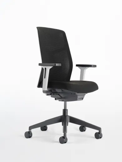  Chelsea Seating with White frame and 3D knit seat and back in Black, 3/4 view 