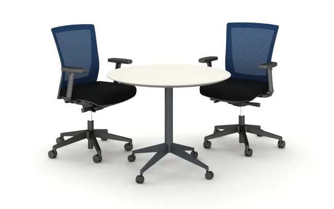 Day to Day Round Table with Knife Edge and X-base in Dark Tone Finish, shown with Upton Seating