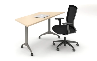 Day to Day Table with Trapezoid Top and Aluminum T-Legs with Casters.&nbsp; Shown with Natick Task Seating.