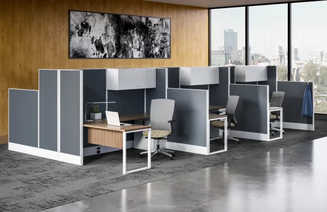 Divi Linear Open Plan Workstation with Linear Trim and High Panels for Increased Privacy, shown with O-Leg support 