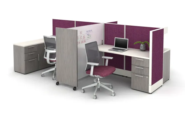 Divi shared 50” H workstation with Tri-wheel Laminate Mobile Whiteboard for division of space