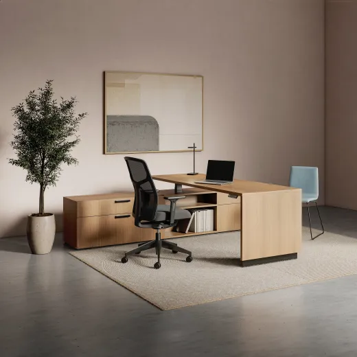 Calibrate, Telescoping End Panel Base, Height Adjustable Table, Storage, Chelsea, Itzee Side, Talia Desk Light