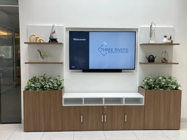 Calibrate Storage, wall panel with monitor, L Shelves and Dry Planters