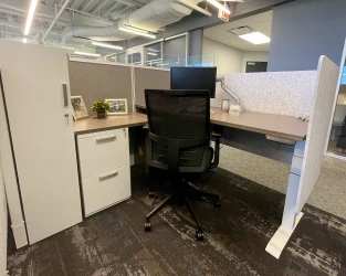 Client Space: Divi with Height Adjustable Tables and L-Wrap PET Screens, Calibrate Pantry Tower and Devens seating