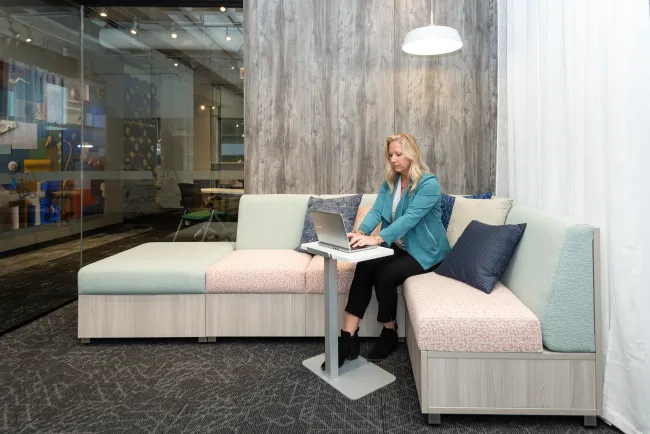 NeoCon 2021 LB Lounge seating with closed base.&nbsp; Shown with Laptop Table